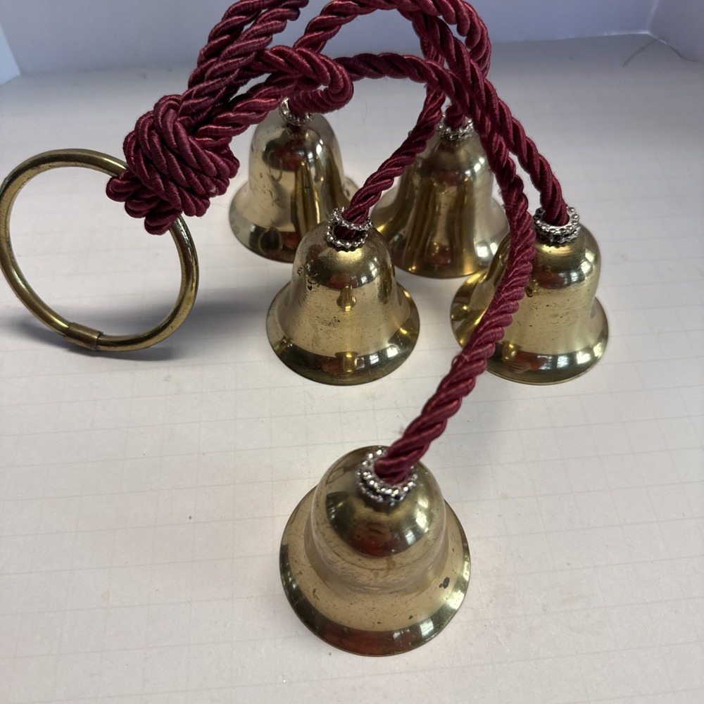 Vintage SET of 5 Vintage BRASS BELLS HANGING on CORD Doorknob Etc…